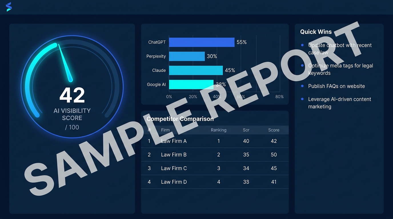 Sample AI Visibility Report showing visibility score, platform breakdown, and competitor analysis for a law firm